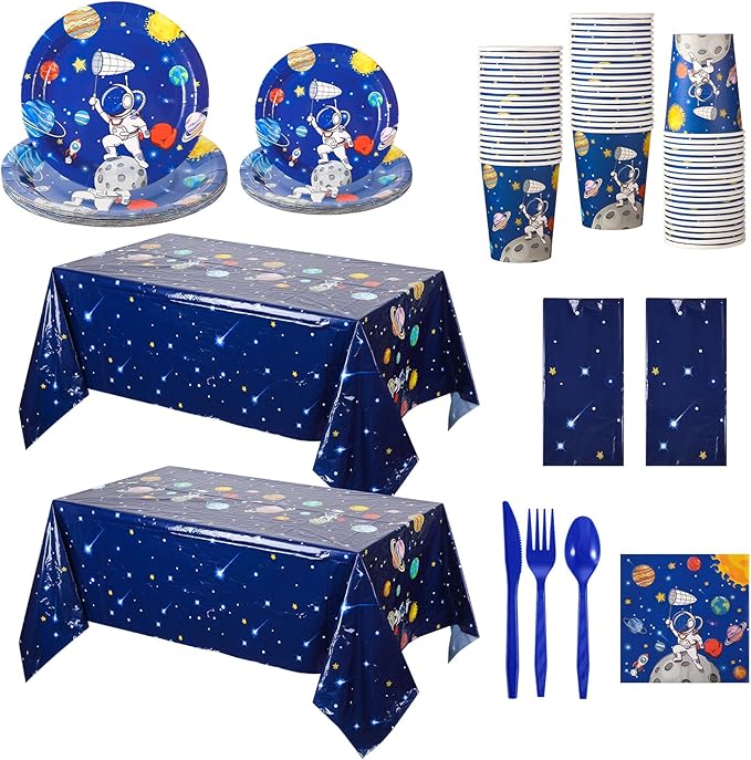 Oudain 162 Pcs Astronaut Space Birthday Party Decorations for 20 Guests Space Plates and Napkins Party Supplies 2 Plastic Solar System Tablecloth Dinnerware Cups Planet Table Cover for Kids
