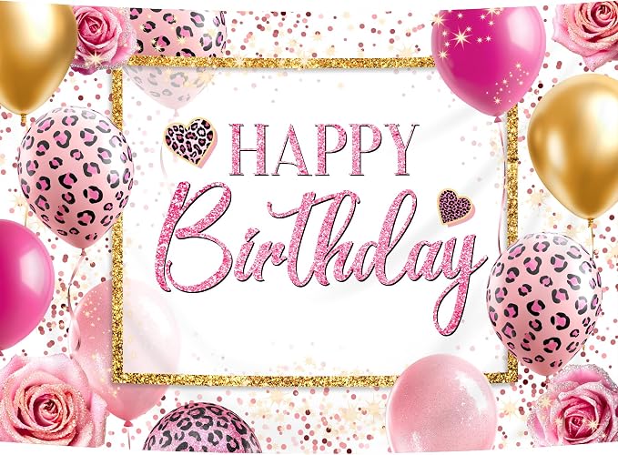 Happy Birthday Backdrop 7Wx5H Feet Polyester Fabric Pink Leopard Balloon Heart Elegant Flower Rose Plant Botanical Decoration Gold Glitter Girly Photography Background Photo Shoot Props