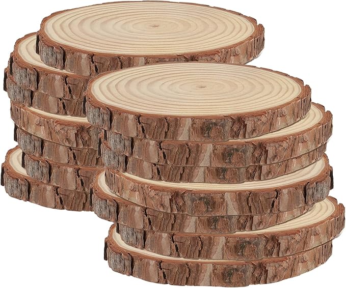 HAKZEON 14 PCS 6-7 Inches Natural Wood Slices, 3/5 Inches Thick Wood Rounds with Bark, Unfinished Wooden Discs for Crafts Rustic Wedding Ornaments, DIY Arts Christmas Home Decor