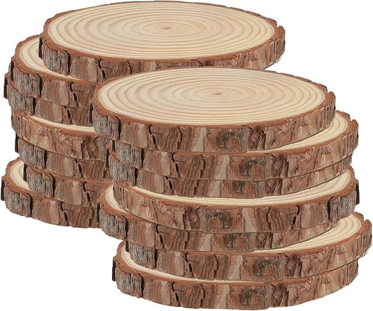 HAKZEON 14 PCS 6-7 Inches Natural Wood Slices, 3/5 Inches Thick Wood Rounds with Bark, Unfinished Wooden Discs for Crafts Rustic Wedding Ornaments, DIY Arts Christmas Home Decor