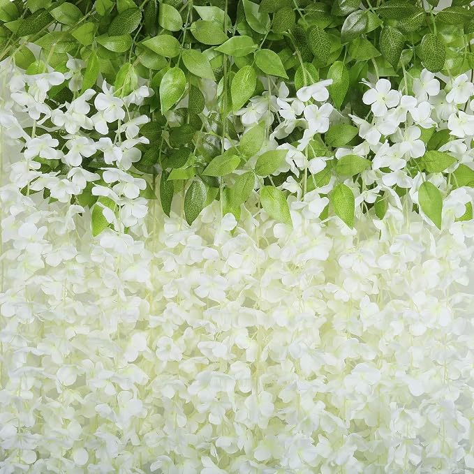 Artificial Wisteria Hanging Flowers, 24pack Fake Flowers White Wisteria Vine Ratta Garland Silk Flowers for Wedding Arch Party Garden Home Decor (24)
