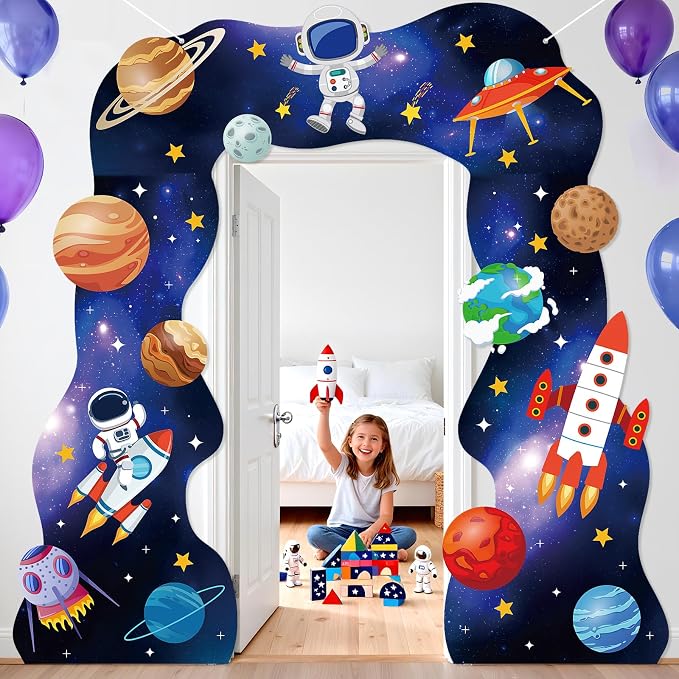 Outer Space Birthday Party Decorations Galaxy Astronaut Door Banner Space Themed Party Supplies Outer Planet Hanging Backdrop Rocket Ship Photo Background for Kids Boys Girls Bedroom Space Porch Sign