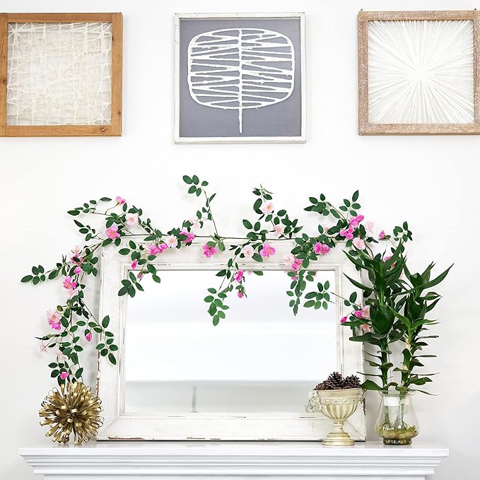 FiveSeasonStuff Fuchsia Pink Wild Rose Vine Garland, Two Faux Silk Floral Garlands with Greenery, Bendable Decorative Vines 12 ft Total