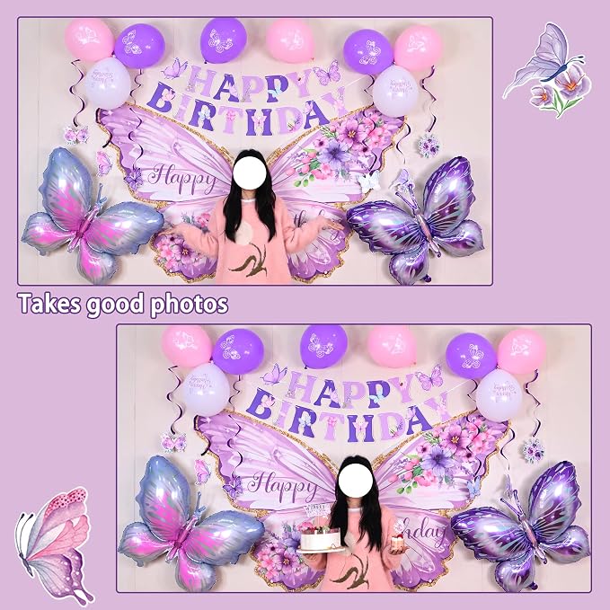 Roetyce Butterfly Birthday Decorations, Purple Happy Birthday Banner Backdrop Balloons Hanging Swirls Cake Topper for Home Party, Girls Women Butterfly Themed Party Suppiles Photo Background