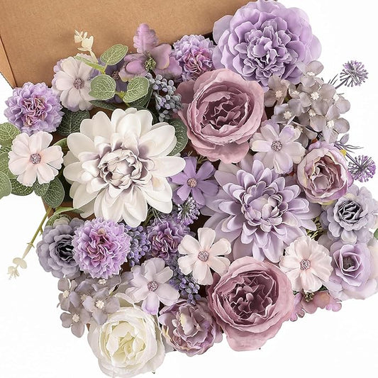 Garisey Artificial Flowers Combo Box Set Purple Fake Silk Flower for DIY Wedding Bouquet Arrangements Bridal Shower Party Home Decorations(White Purple Peony)