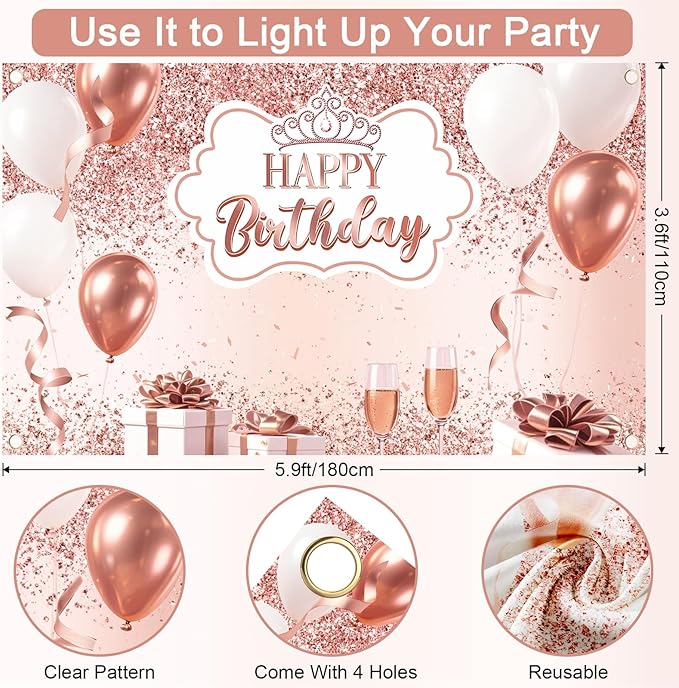 35th Birthday Decorations for Women, 52pcs Sweet Rose Gold Happy 35 Birthday Decorations Including 35th Rose Gold Crown, Sash, Banner, Background for 35 Party Decorations Set