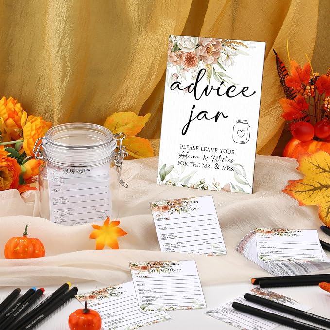 Sintuff 114 Pieces Advice and Wishes Cards Jar - Boho Floral Wedding Decoration, Hilarious Bridal Shower Games, Advice and Wishes Jar and Sign for The Mr and Mrs, Wedding Games for Reception