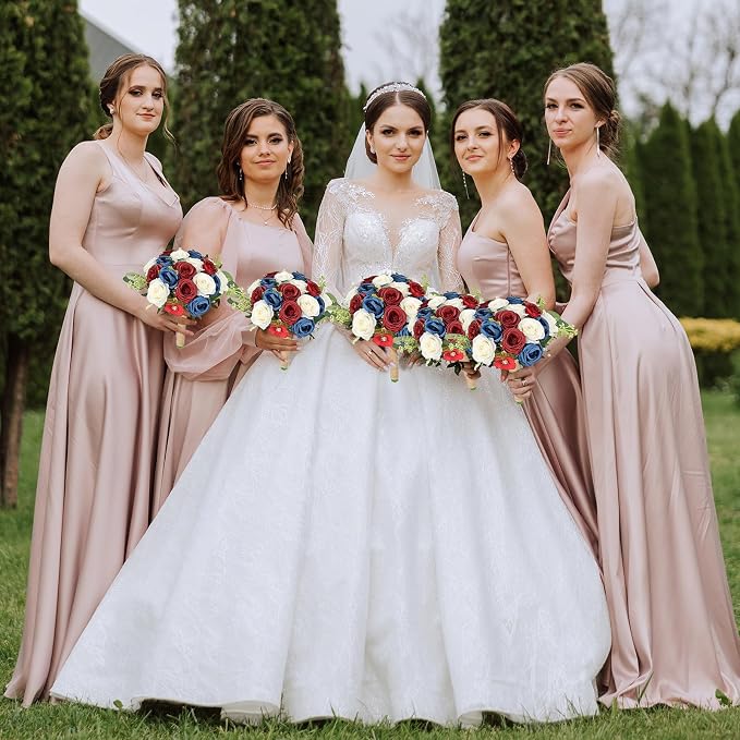Set of 6 Bridesmaid Bouquets for Wedding - 7 Inch Artificial Ivory Flower Bouquet for Party Ceremony Anniversary Dinning Table Centerpieces Decor - Red & Blue & White