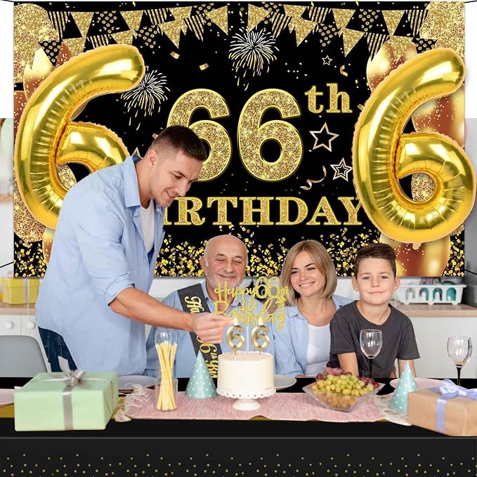 66th Birthday Decorations Men Women with 66th Birthday Banner, Black and Gold Table Cloth, Number Balloons, Sash, Cake Topper and Candles