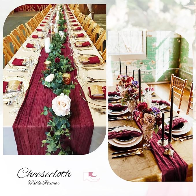 18 Pack Christmas Table Runner 10FT Burgundy Cheesecloth Table Runner 35 x 120 Inch Long Semi-Sheer Gauze Fabric Boho or Rustic Wedding Table Decor for Bridal Shower Baby Shower Holiday Party