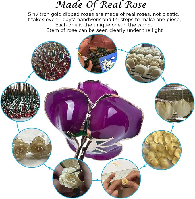 Sinvitron Gold Dipped Infinity Rose Forever Flower Decor, Resin Preserved Real Rose Birthday Gift for Women, Anniversary Present for Mom (Purple)