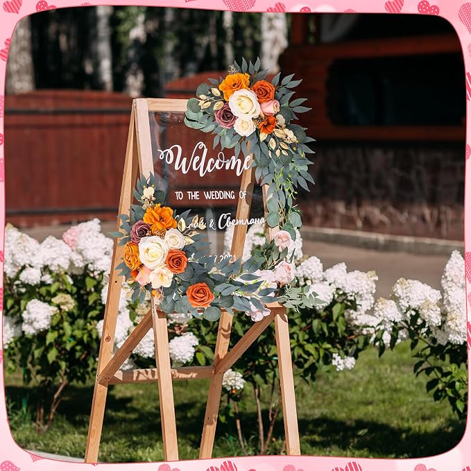 2 Pcs Wedding Arch Decorations - Reusable Artificial Hanging Flowers Floral Swag Greenery Garland for Wedding Welcome Sign Backdrop Bridal Ceremony Reception Backdrop Decoration(Orange)