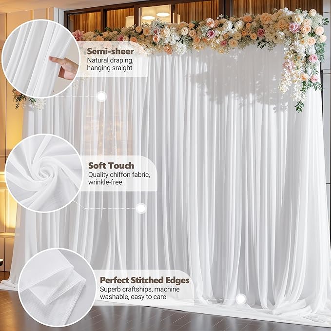 20ft x 10ft Cream White Backdrop Curtains, Wrinkle-Free Sheer Chiffon Fabric Photo Backdrop Drapes for Wedding Arch Party Ceremony Stage Photography Decorations