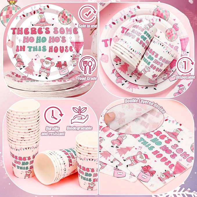 168 Pcs Christmas Party Decorations Pink Friendsmas Christmas Party Supplies Santa Claus Xmas Tableware Set Disposable Paper Plates Cups Utensils Serve 24 for Pink Friendsmas Holiday