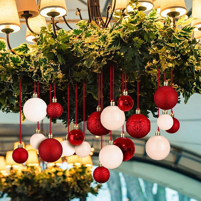 36 Pcs Christmas Balls Ornaments for Ceiling, 1.6'' 2.4'' 3.2'' Large Big Shatterproof Christmas Hanging Decorations Balls for Tree Xmas Holiday Party Indoor(Red, White)
