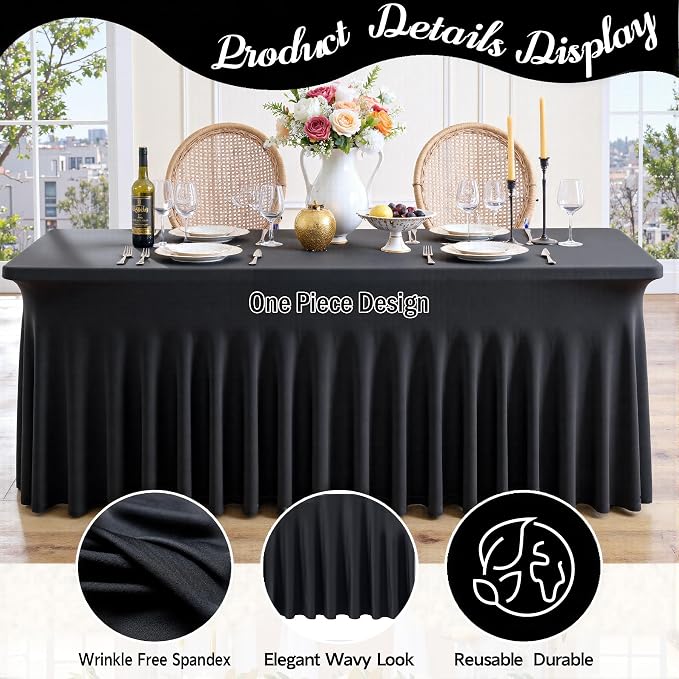 leegleri 4 Pack Black Spandex Tablecloths for 8 Foot Rectangle Tables, Wrinkle Free Fitted Table Cloths 8ft Stretchy Table Cloth Cover with Skirt for Parties Weddings Birthday Banquet Baby Shower