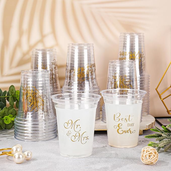 FYSUIMU 120Pcs Wedding Plastic Cups 12Oz Gold Mr and Mrs Disposable Clear Drinking Cups for Wedding Bride Shower Party Supplies, 4 Designs