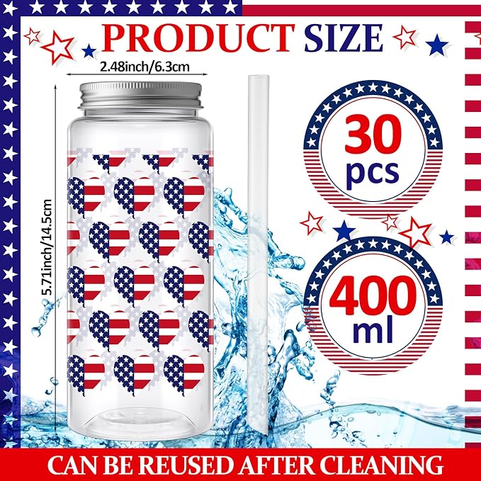 Skylety 30 Pcs 4th of July Plastic Cups with Lids and Straws 13.5 oz Independence Day Plastic Cups Reusable Cute Tumbler for 250th Anniversary 4th of July Party Favor Patriotic Supplies