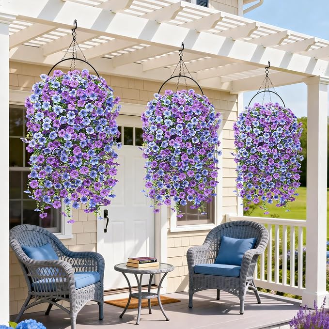 Artificial Hanging Flowers for Outdoors Spring Summer Decoration, 8PCS UV Resistant Silk Fake Hanging Plants for Patio Porch Front Yard Window Garden Indoor Decor(Blue&Purple,8PCS)