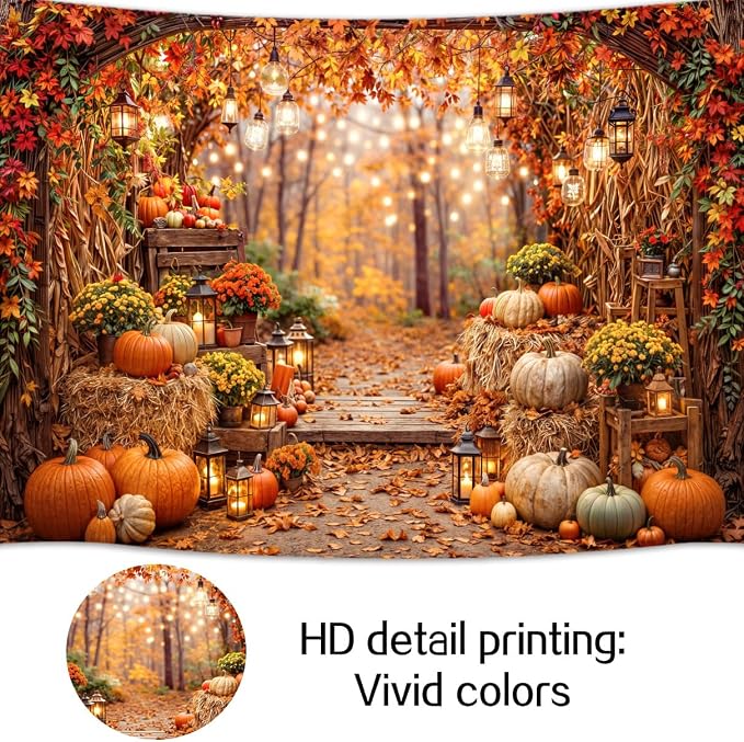 8 x 6 ft Fall Photo Backdrop Autumn Forest Scenery Pumpkins Harvest Maple Leaves Background Fall Sunflowers Thanksgiving Day Friendsgiving Party Decorations Banner Photo Booth Props Supplies