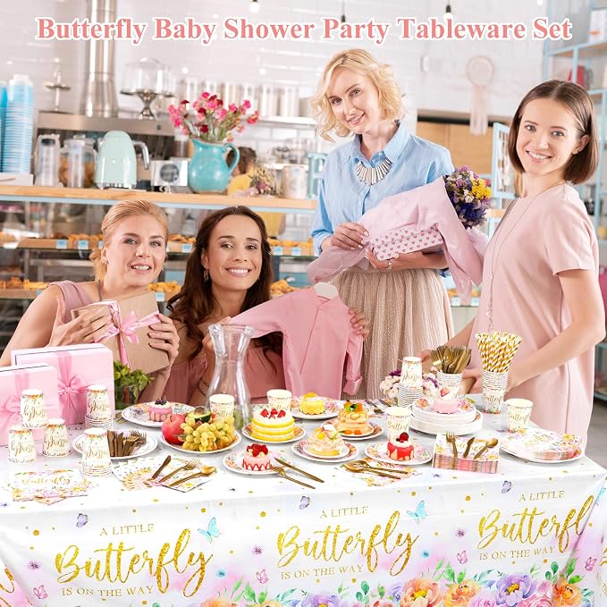 Funnymoom 452 Pcs Floral Butterfly Baby Shower Decorations, a Little Butterfly Is on the Way Paper Plates Napkins Cups Tablecloth Cutlery Straws for Summer Floral Baby Shower Party Supplies