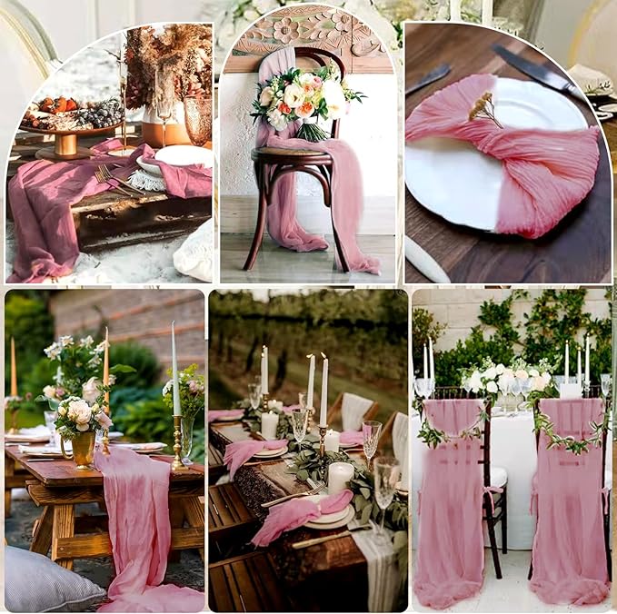 10 Pcs Dusty Rose Cheesecloth Table Runner 10FT, Gauze Table Runner for Wedding Reception Sheer Bridal Shower Birthday Party Boho Table Decoration, Rustic Romantic Wedding Runner
