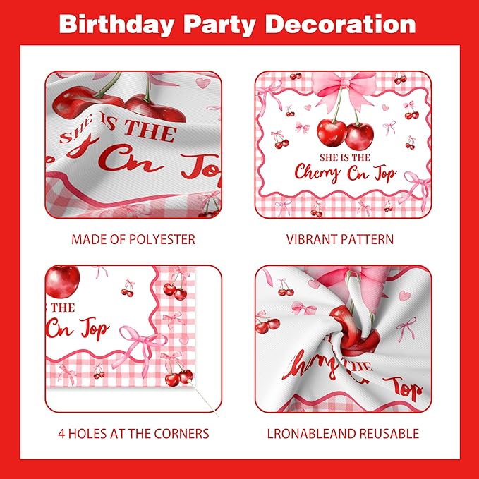 Cherry on Top Baby Shower Decorations for Girl - Red Pink Party Supplies Include Balloon Garland Arch, Backdrop, Tablecloth, 4 Boxes, Foil Balloons - She is the Cherry On Top Decor Gingham Check