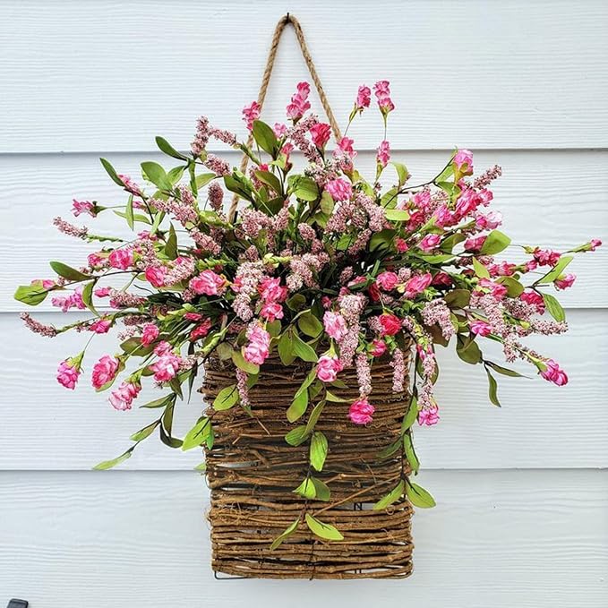 Pink Berry Wildflower Door Hanger Basket Wreath - Spring & Summer Front Door Decor, Mother's Day Hanging Ornament, Seasonal Welcome Basket for Weddings, Parties, Home Decoration