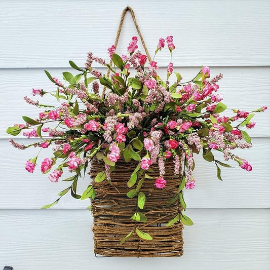 Pink Berry Wildflower Door Hanger Basket Wreath - Spring & Summer Front Door Decor, Mother's Day Hanging Ornament, Seasonal Welcome Basket for Weddings, Parties, Home Decoration