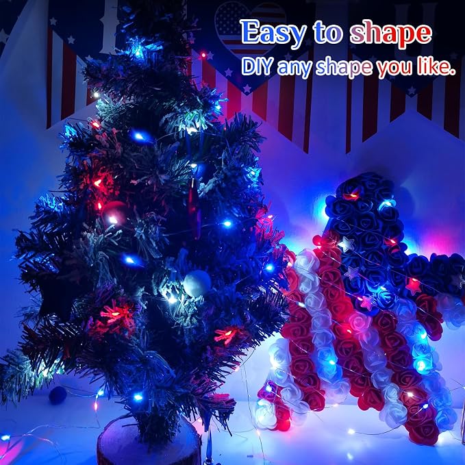QITONG 2 Pack Fairy Lights Battery Operated, Each 33ft 100LED 4th of July String Lights Outdoor, 8 Modes Silver Wire Twinkle Mini Lights for Patriotic Independence Memorial Decor(Red White and Blue)