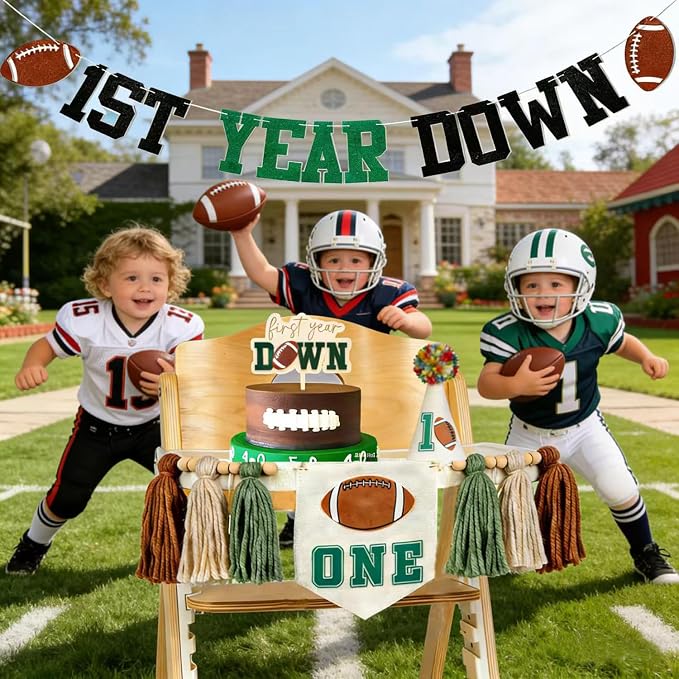 First Year Down Birthday Party Decorations-Felt First Year Down Highchair Banner, Football Themed 1st Birthday High Chair Banner, Cake Topper, Party Hat for Football 1st Birthday Party Supplies