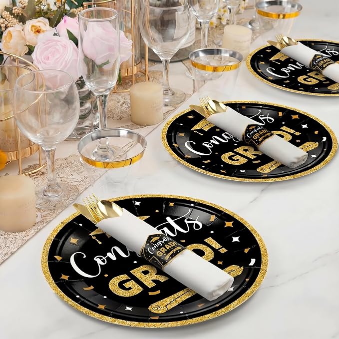 Meanplan 50 Sets 2026 Graduation Party Supplies Tableware Set Gold Pre Rolled Silverware for 50 Guests Class of 2026 Disposable Dinnerware for College High School Congrats Graduation Party Favors