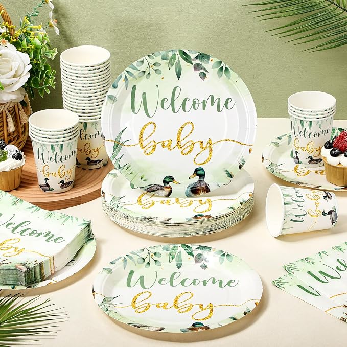 Hushee 200 Pcs Mallard Duck Baby Shower Paper Plates Napkins Cups Baby Shower Party Supplies Tableware Set Disposable Cup Napkin for 50 Guest Party Decoration