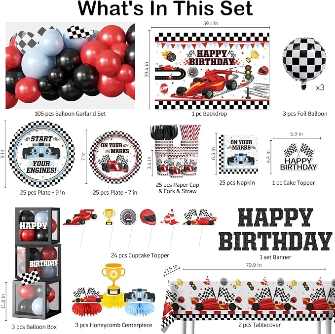 Race Car Birthday Party Decorations for Boys, 293PCS All-in-One Car Themed Birthday Party Decorations Set for 25 Guests, with Balloon Arch, Banner, Plates, Tablecloths and Cupcake Toppers