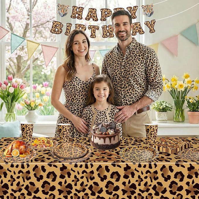 142 Pcs Cheetah Print Birthday Decorations Set - Happy Birthday Banner, Animal Leopard Paper Dinner Plates Napkins Cups, Plastic Tablecloth, Flatware for Cheetah Party Supplies Leopard Birthdays Decor