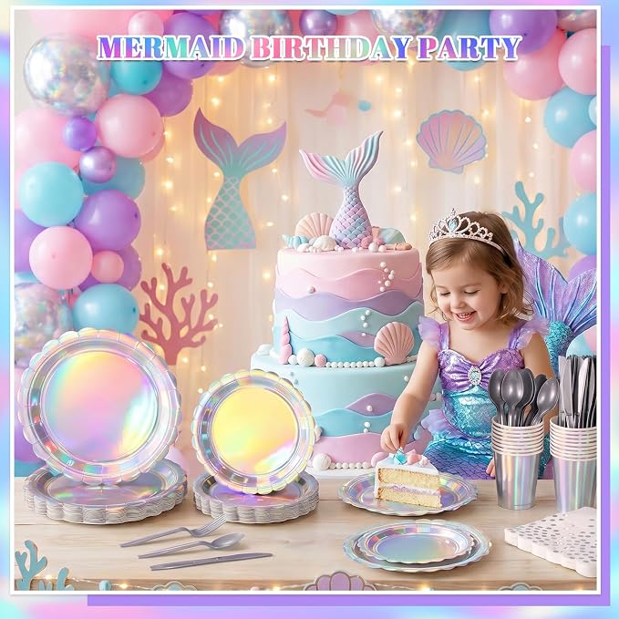 175 Pcs Iridescent Party Plates and Napkins, Iridescent Party Decorations Include Scalloped Holographic Paper Plates and Napkins Set for Birthday, Mermaid, Disco, Frozen