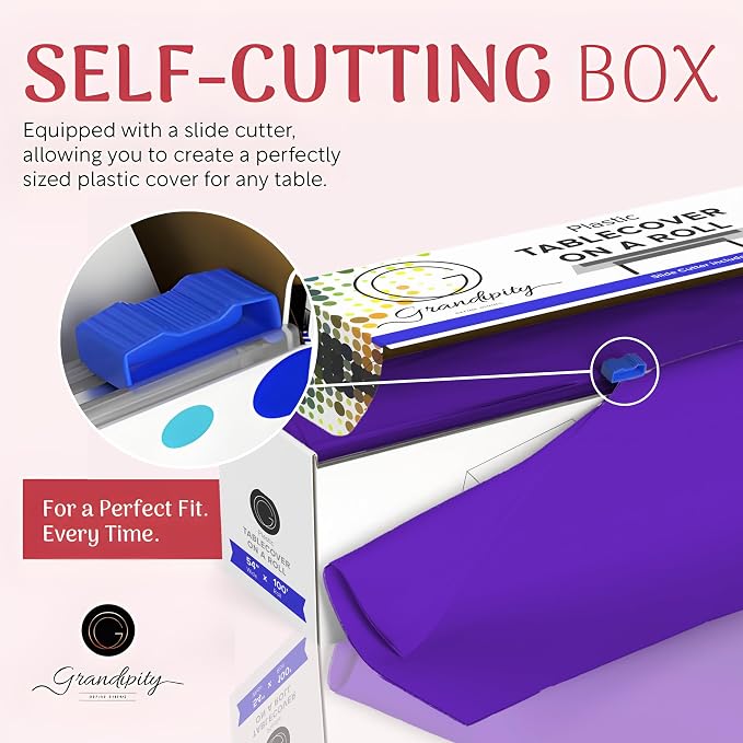 Grandipity Plastic Tablecloth Roll - 54in x 100 Ft. Purple Plastic Table Cloths for Parties Disposable with Cutter Box - Cut to Size Disposable Tablecloth Table Cover for Rectangle & Round