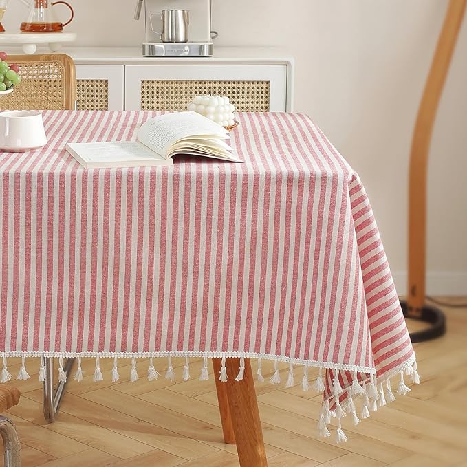 meioro Striped Tablecloth Rectangle Tablecloths Cotton Linen Table Cloth Washable Tabletop Decorative Fabric Table Cover for Kitchen Dinning (Red, 60 x 102 Inch)