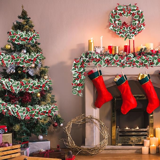 Zerzsy 2 Pack Artificial Red Garland,Eucalyptus Garland Green Leaves with Red Berry,Faux Hanging Garland Vine Plants Decorations for Table, Mantle, Staires, Wall, Indoor/Outdoor(2pcs-Red)