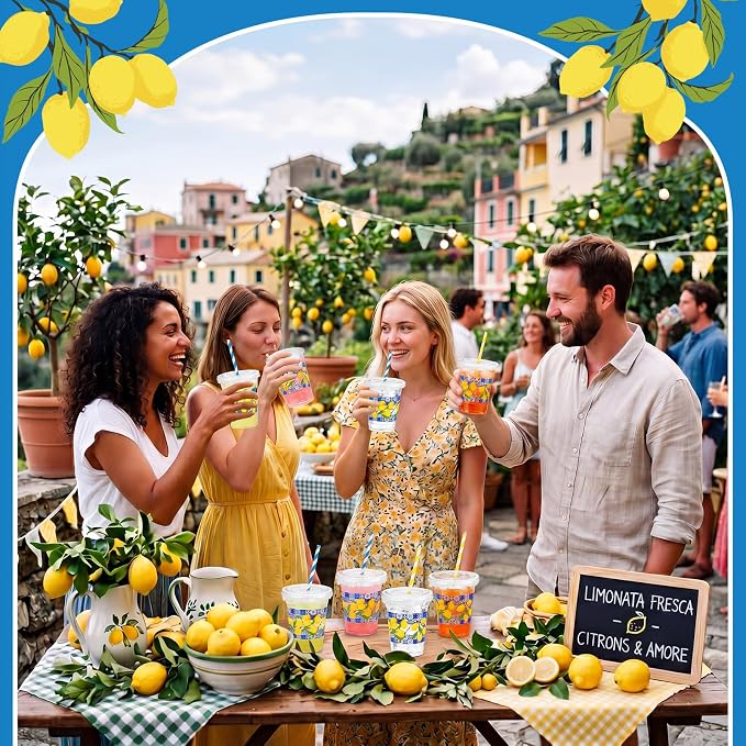 FoldTier 50 Pcs 12 oz Lemon Disposable Plastic Cups with Blue Tile Design, Lids, Straws and Leakproof Paper, Mediterranean Summer Party Supplies for Birthday Baby Shower Bridal Picnic Decorations