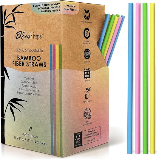 EcoPreps Colorful Biodegradable Bamboo Fiber Straws | 300 Count, 100% Compostable, Plastic-Free, Eco-Friendly Drinking Straws for Parties | 7.8'' Plant Fiber Disposable Straw, Multi-Color Straw Set