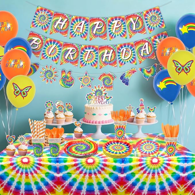Tie Dye Birthday Party Decorations, Includes Happy Birthday Banner, Plates, Tablecloth, Cups, Balloon and Straws, for 60s Hippie Party Supplies, Serves 20 Guest