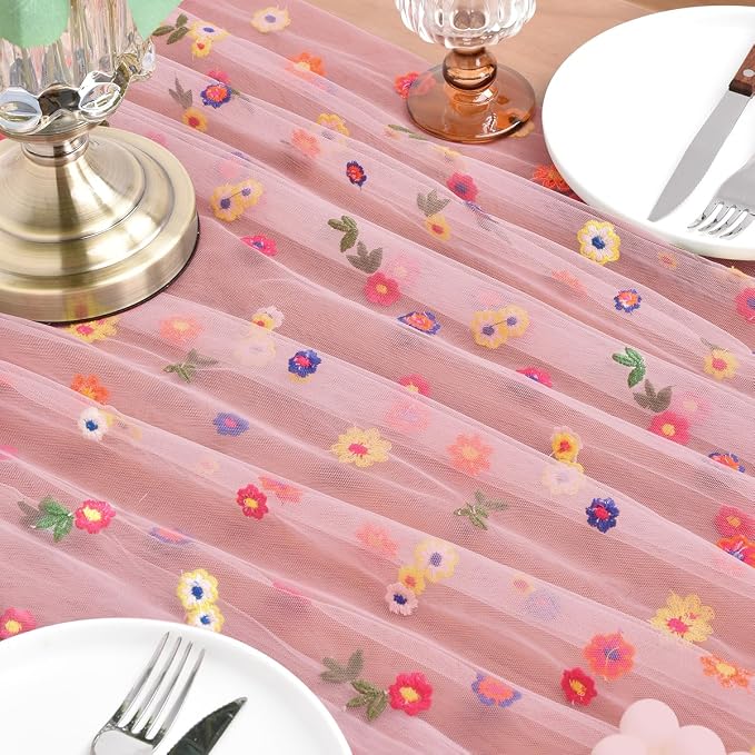 Joanlody 3pcs Blushing Pink Summer Flower Table Runner 10ft Embroidery Daisy Floral Seasonal Tulle Table Runner for Home Garden Tea Party Holiday Birthday Decoration