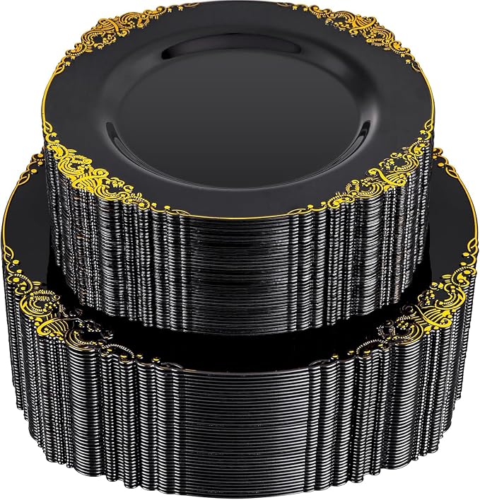 102PCS Black and Gold Plastic Plates - Black Disposable Plates - Heavyweight Disposable Plate with Gold Rim - Fancy Dinner & Dessert Plate for 51 Guests Weddings & Party