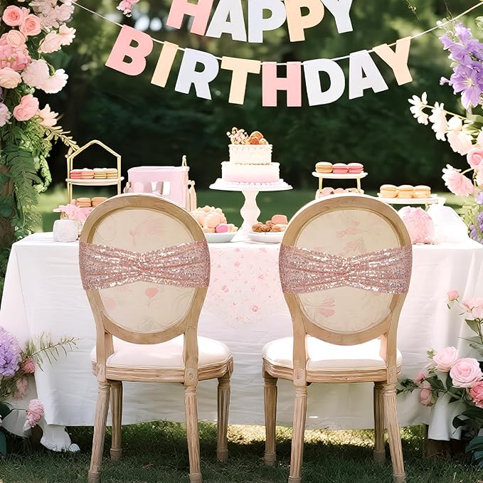 Poise3EHome Rose Gold Sequin Chair Sashes Pack of 50 Folding Chair Covers Bow for Party Wedding Reception Decorations
