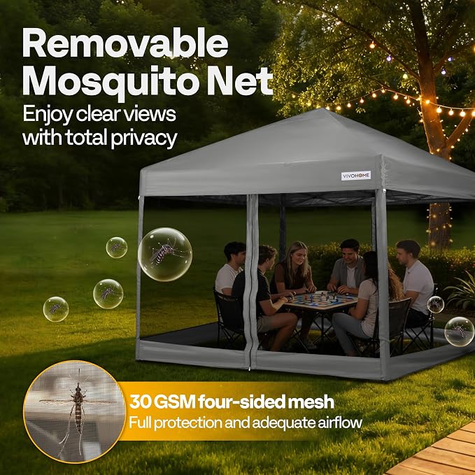 VIVOHOME 8x8ft Easy Pop-Up Canopy, Outdoor Screen Tent with Mosquito Netting, 2 Zipper Doors, and Roller Bag for Yard Camping Picnic Party Events, Grey