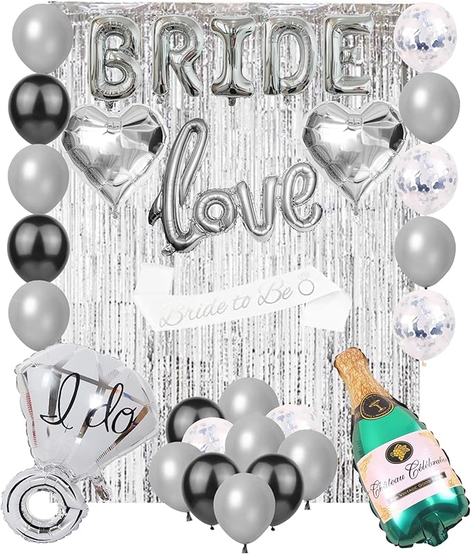 Bachelorettesy 28pc Bachelorette Party Decorations Kit for Bride to Be, Bridal Shower Decorations, Engagement Party – Balloons, Sash, Foil Backdrop Curtain (All Silver)