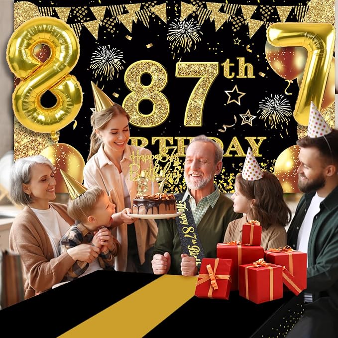 87th Birthday Decorations Men Women with 87th Birthday Banner, Black and Gold Table Cloth, Number Balloons, Sash, Cake Topper and Candles