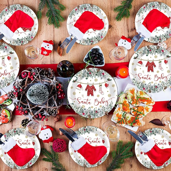 96 Pcs Christmas Baby Shower Party Plates Napkins Santa Clothes Tableware A Santa Baby Is On The Way Plates Napkins Christmas Shower Supplies Xmas Party Dinnerware Set Decorations for 24 Guests