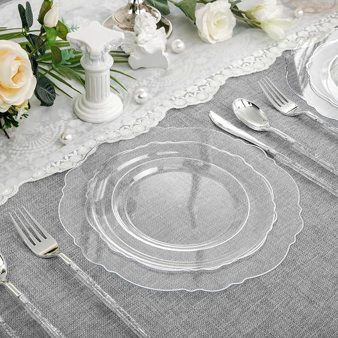 Liacere 150PCS Clear Silver Plastic Plates & Disposable Silver Plastic Silverware with Glitter Bamboo Handle Cutlery-Baroque Clear Disposable Plates for Wedding & Party